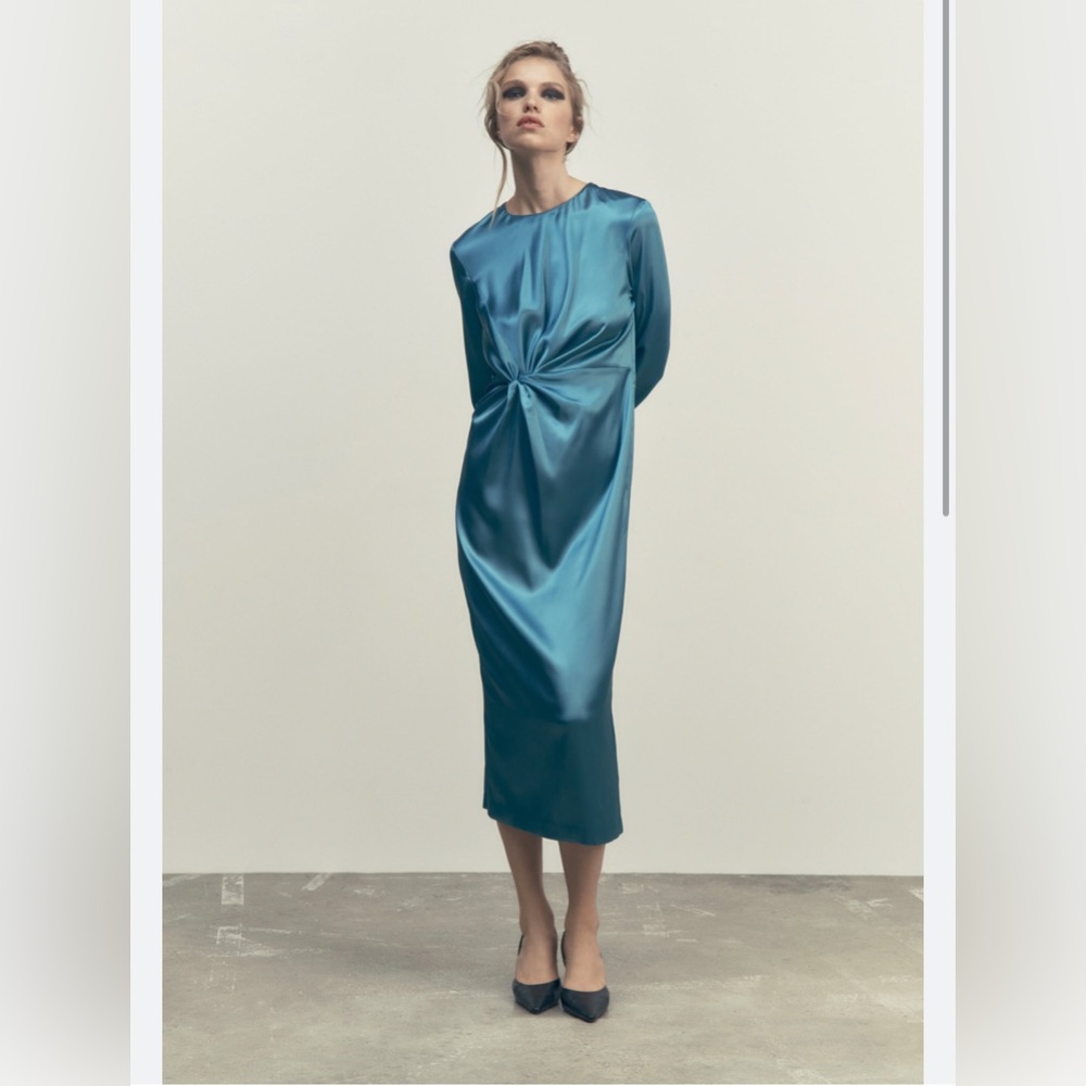 Zara Dress Column Pencil midi Knot Satin Effect Steel Blue long sleeve size S